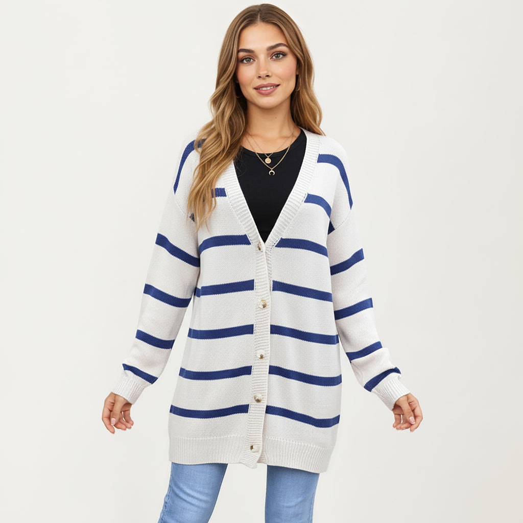 Anna-Kaci Women's Long Sleeve Striped Knit Button Front Cardigan with Soft Textured Feel and Relaxed Drop Shoulder Fit