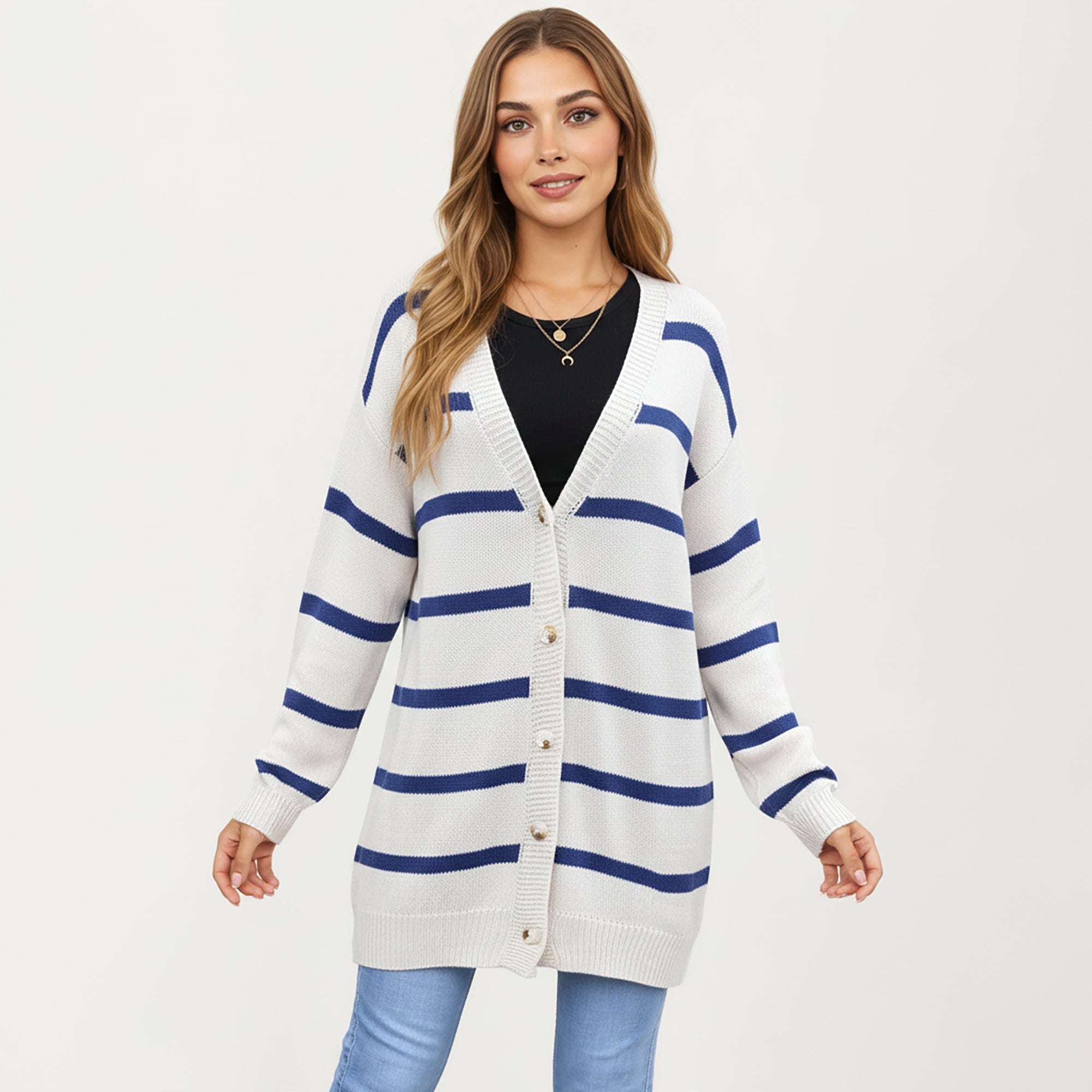 Anna-Kaci Women's Long Sleeve Striped Knit Button Front Cardigan with Soft Textured Feel and Relaxed Drop Shoulder Fit