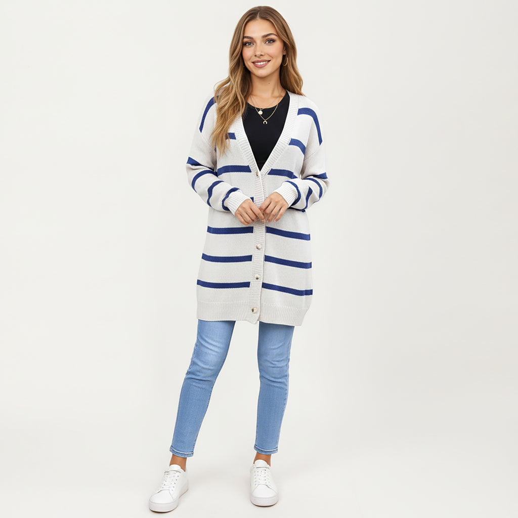 Anna-Kaci Women's Long Sleeve Striped Knit Button Front Cardigan with Soft Textured Feel and Relaxed Drop Shoulder Fit