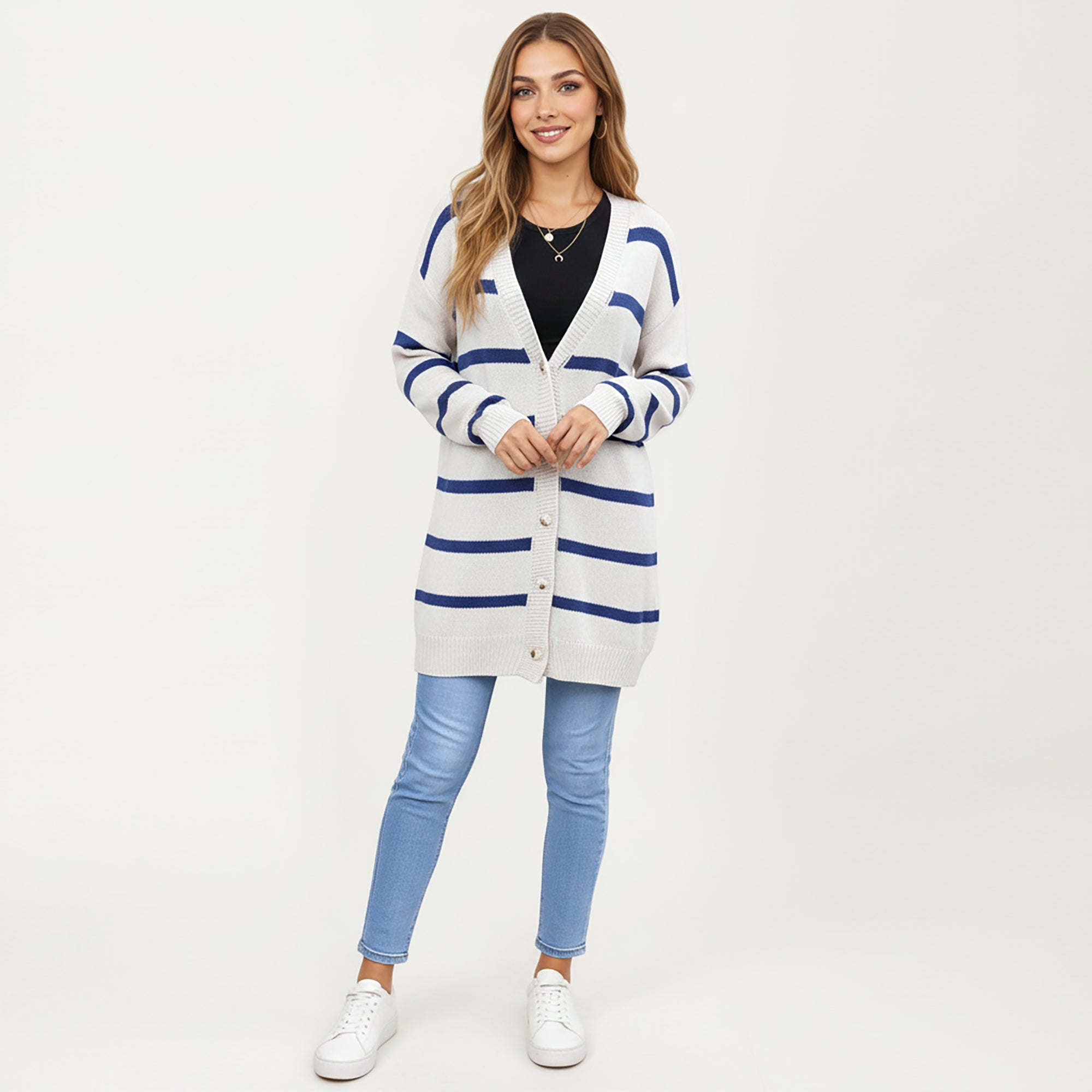 Anna-Kaci Women's Long Sleeve Striped Knit Button Front Cardigan with Soft Textured Feel and Relaxed Drop Shoulder Fit