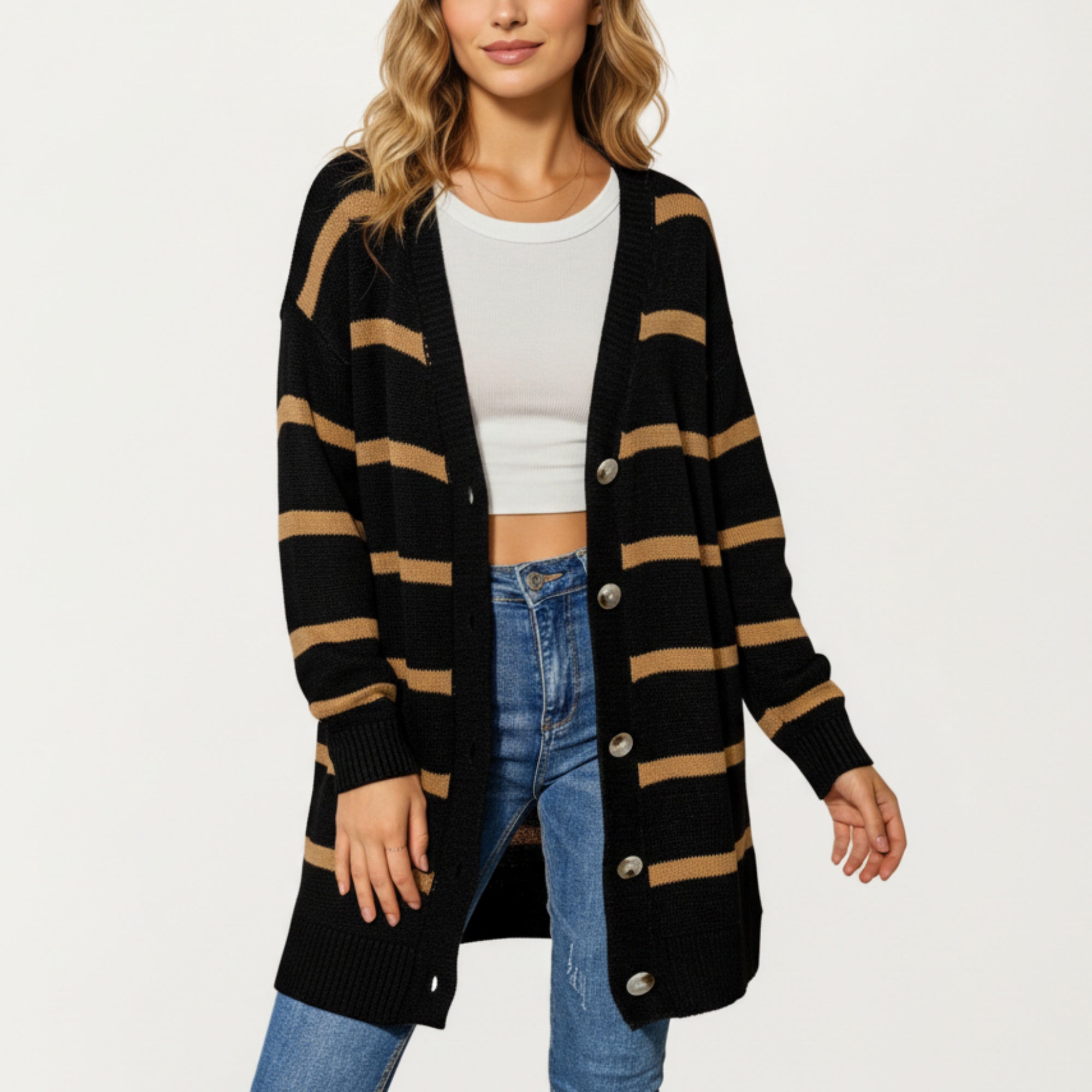 Anna-Kaci Women's Long Sleeve Striped Knit Button Front Cardigan with Soft Textured Feel and Relaxed Drop Shoulder Fit