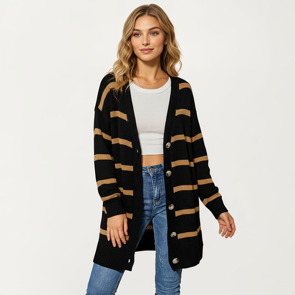 Anna-Kaci Women's Long Sleeve Striped Knit Button Front Cardigan with Soft Textured Feel and Relaxed Drop Shoulder Fit