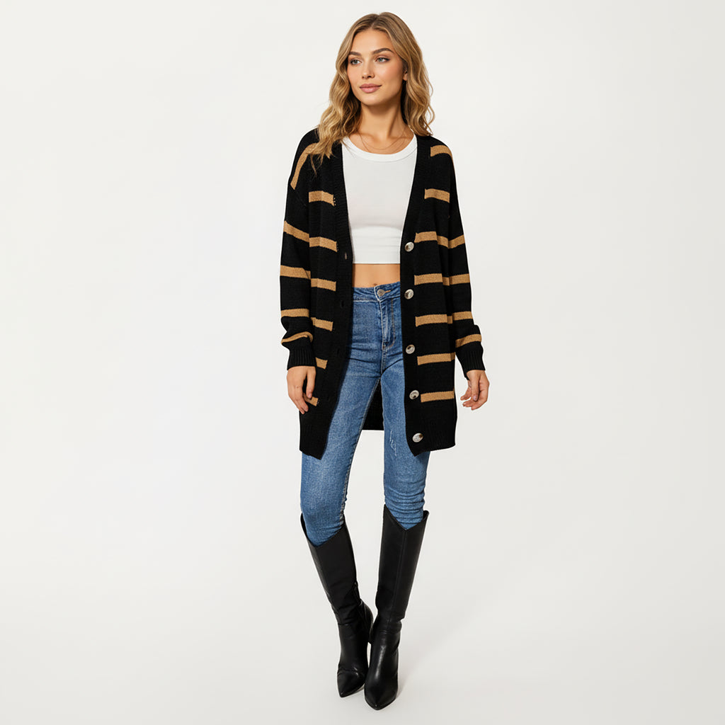 Anna-Kaci Women's Long Sleeve Striped Knit Button Front Cardigan with Soft Textured Feel and Relaxed Drop Shoulder Fit