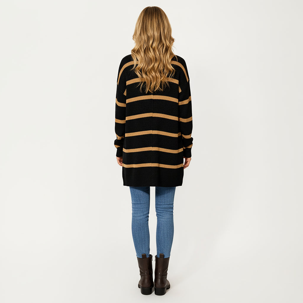 Anna-Kaci Women's Long Sleeve Striped Knit Button Front Cardigan with Soft Textured Feel and Relaxed Drop Shoulder Fit