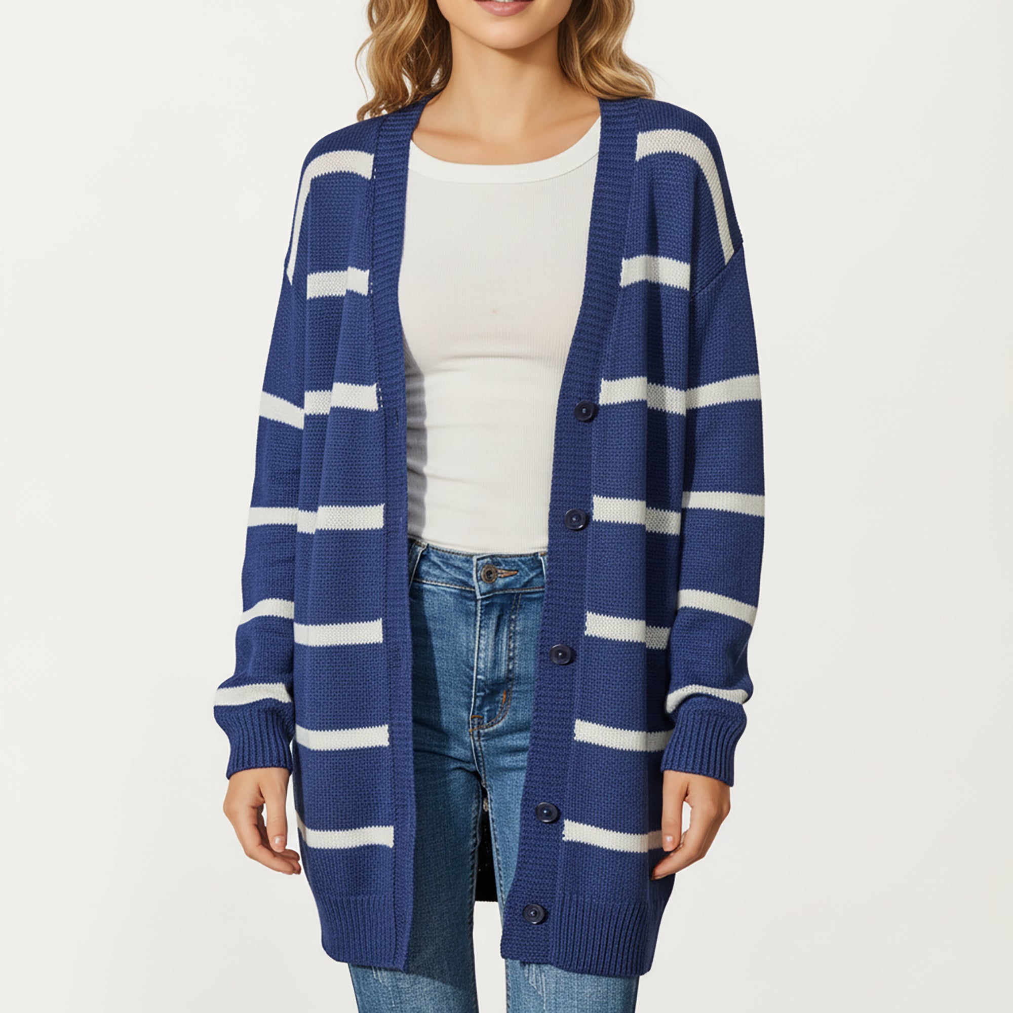 Anna-Kaci Women's Long Sleeve Striped Knit Button Front Cardigan with Soft Textured Feel and Relaxed Drop Shoulder Fit