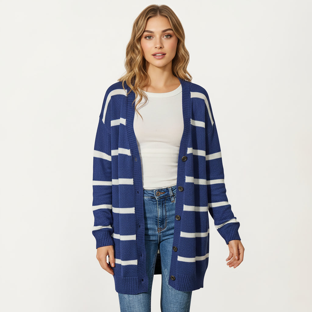 Anna-Kaci Women's Long Sleeve Striped Knit Button Front Cardigan with Soft Textured Feel and Relaxed Drop Shoulder Fit