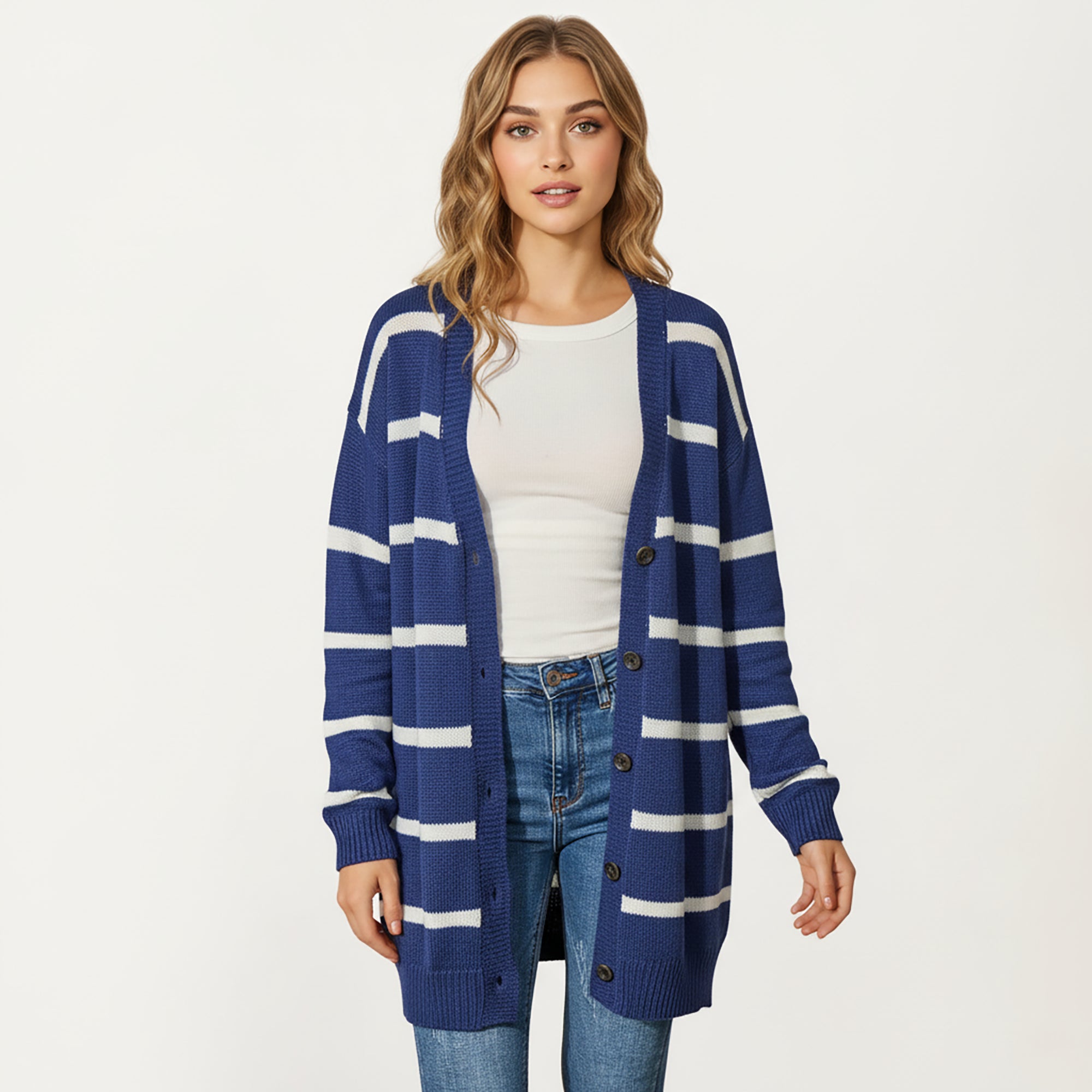 Anna-Kaci Women's Long Sleeve Striped Knit Button Front Cardigan with Soft Textured Feel and Relaxed Drop Shoulder Fit