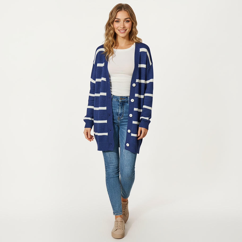Anna-Kaci Women's Long Sleeve Striped Knit Button Front Cardigan with Soft Textured Feel and Relaxed Drop Shoulder Fit