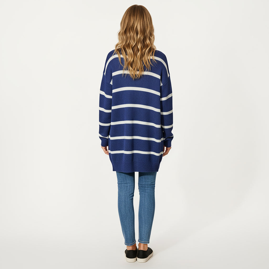 Anna-Kaci Women's Long Sleeve Striped Knit Button Front Cardigan with Soft Textured Feel and Relaxed Drop Shoulder Fit