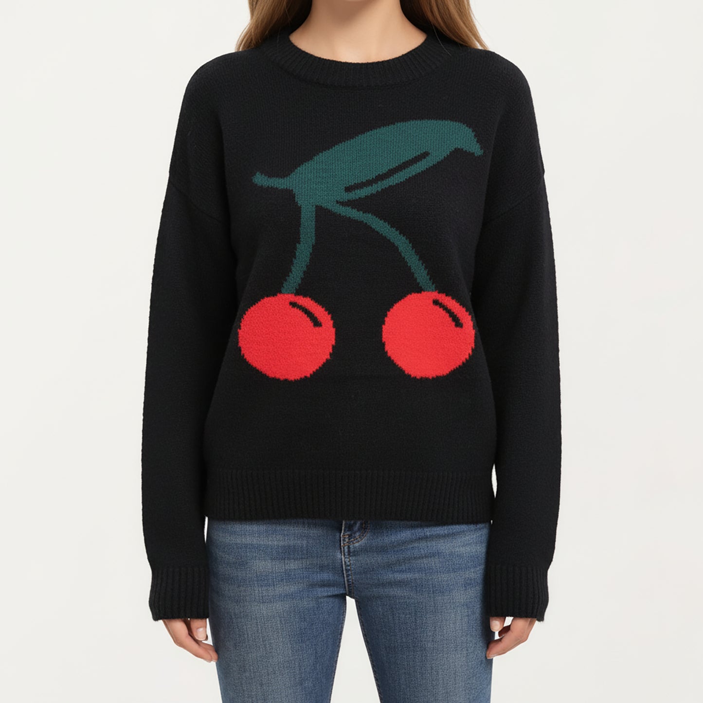 Anna-Kaci Women's Cherry Graphic Fuzzy Knit Sweater with Textured Soft Feel Ribbed Crew Neckline and Relaxed Long Sleeve Fit