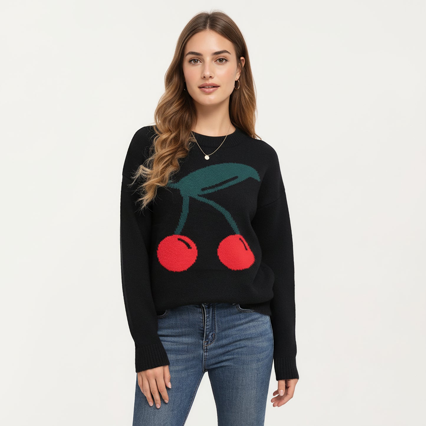 Anna-Kaci Women's Cherry Graphic Fuzzy Knit Sweater with Textured Soft Feel Ribbed Crew Neckline and Relaxed Long Sleeve Fit