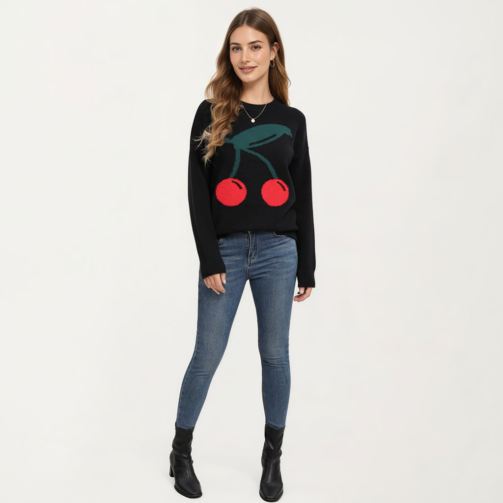 Anna-Kaci Women's Cherry Graphic Fuzzy Knit Sweater with Textured Soft Feel Ribbed Crew Neckline and Relaxed Long Sleeve Fit