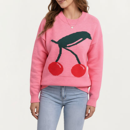 Anna-Kaci Women's Cherry Graphic Fuzzy Knit Sweater with Textured Soft Feel Ribbed Crew Neckline and Relaxed Long Sleeve Fit
