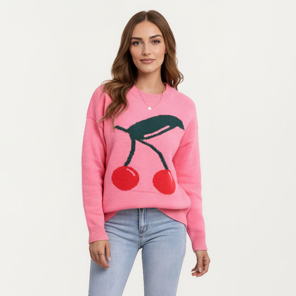 Anna-Kaci Women's Cherry Graphic Fuzzy Knit Sweater with Textured Soft Feel Ribbed Crew Neckline and Relaxed Long Sleeve Fit