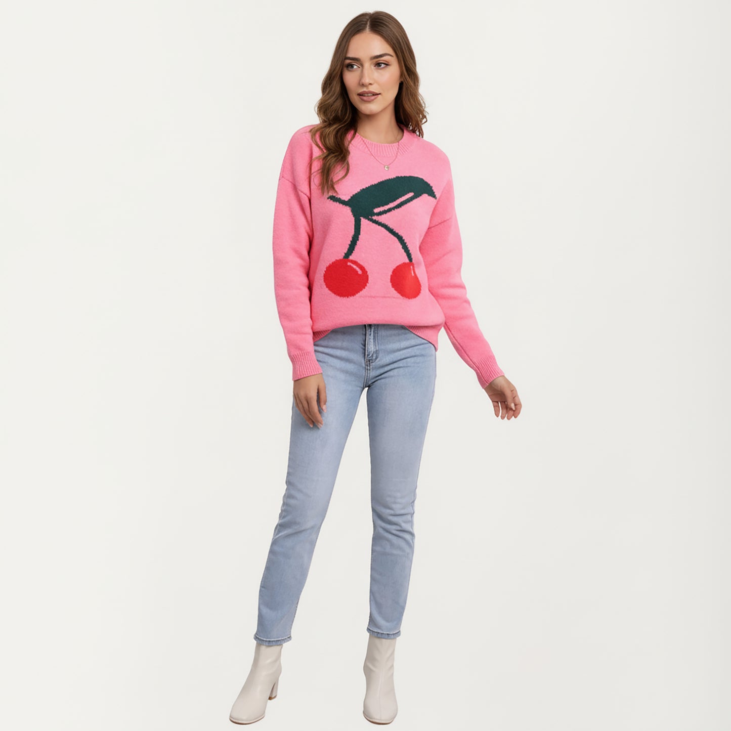 Anna-Kaci Women's Cherry Graphic Fuzzy Knit Sweater with Textured Soft Feel Ribbed Crew Neckline and Relaxed Long Sleeve Fit