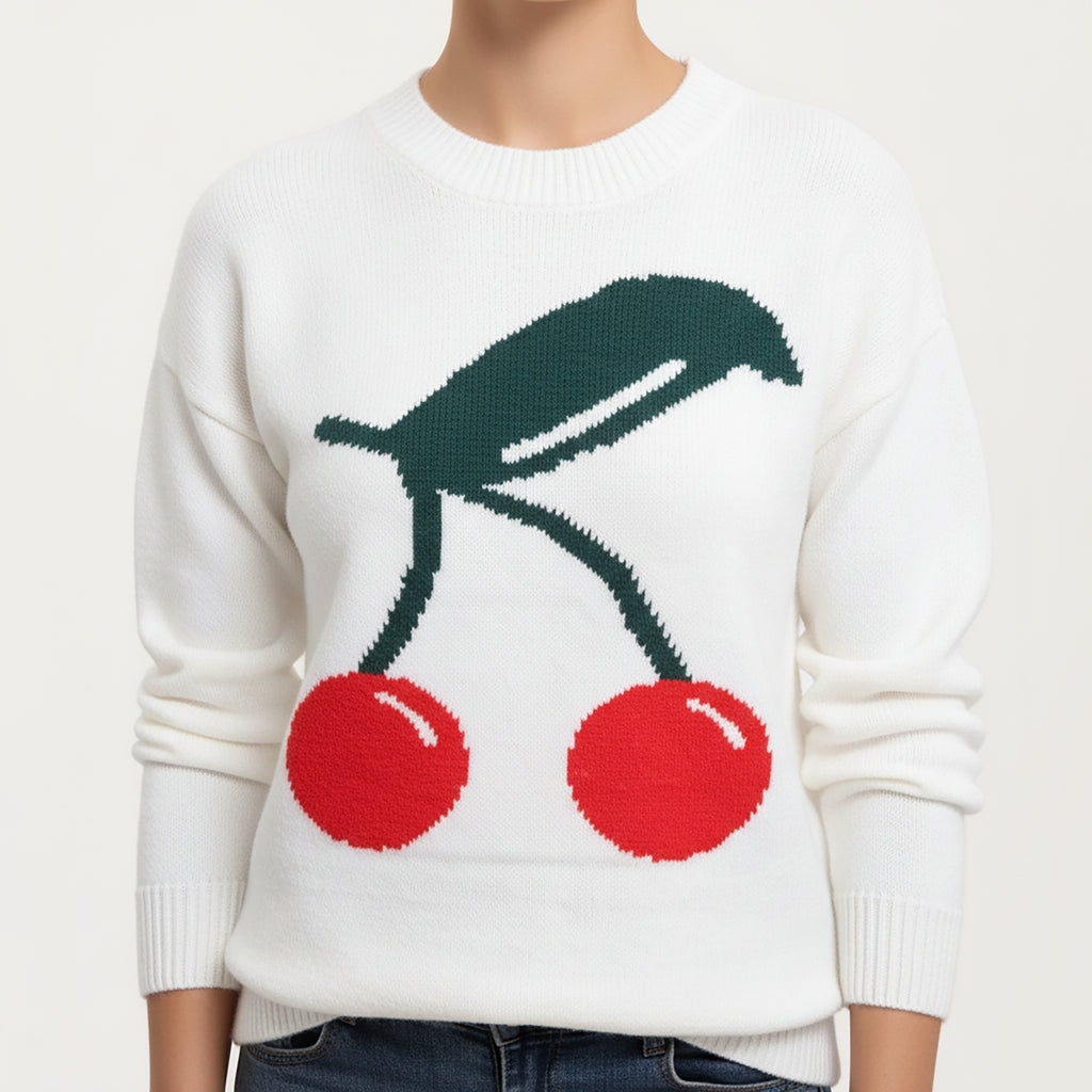 Anna-Kaci Women's Cherry Graphic Fuzzy Knit Sweater with Textured Soft Feel Ribbed Crew Neckline and Relaxed Long Sleeve Fit
