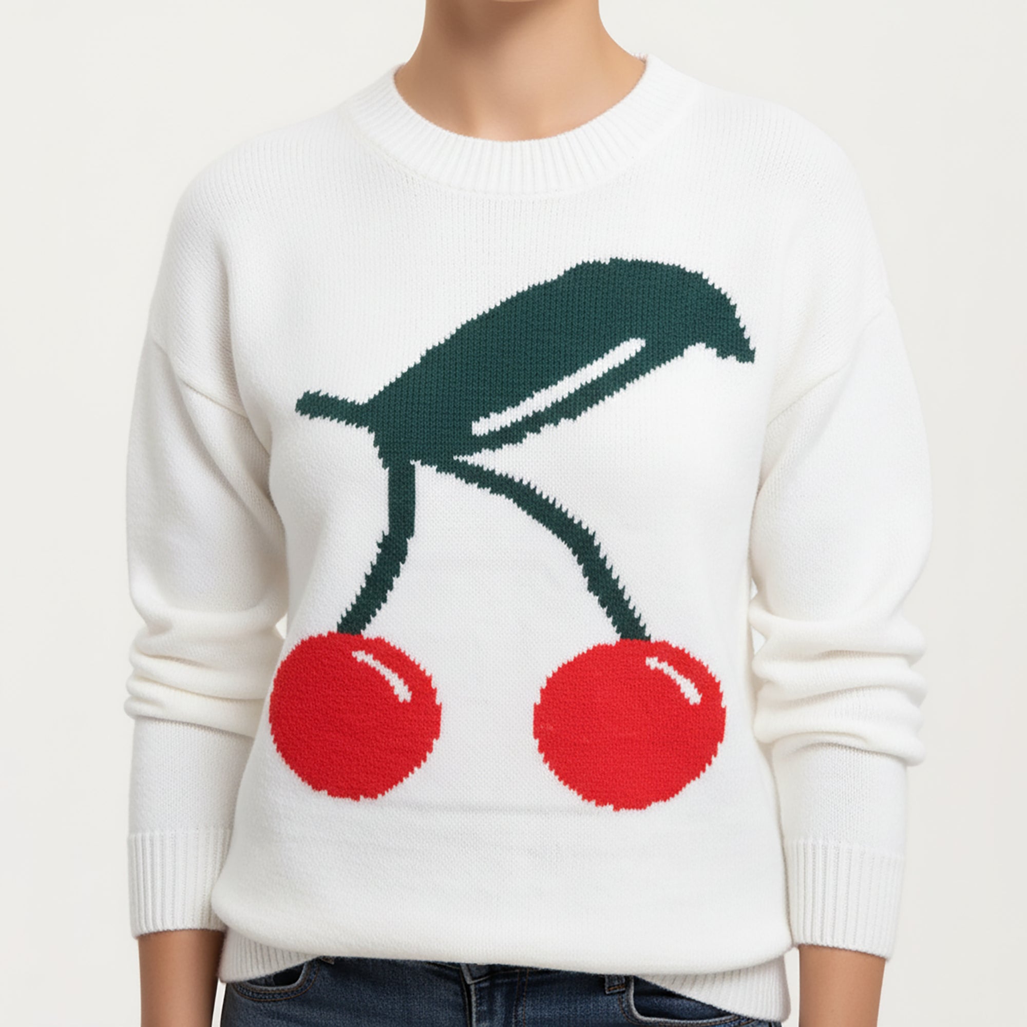Anna-Kaci Women's Cherry Graphic Fuzzy Knit Sweater with Textured Soft Feel Ribbed Crew Neckline and Relaxed Long Sleeve Fit