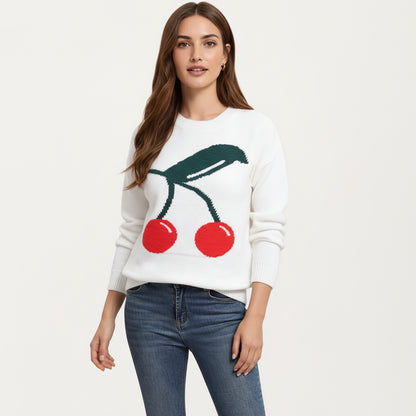 Anna-Kaci Women's Cherry Graphic Fuzzy Knit Sweater with Textured Soft Feel Ribbed Crew Neckline and Relaxed Long Sleeve Fit