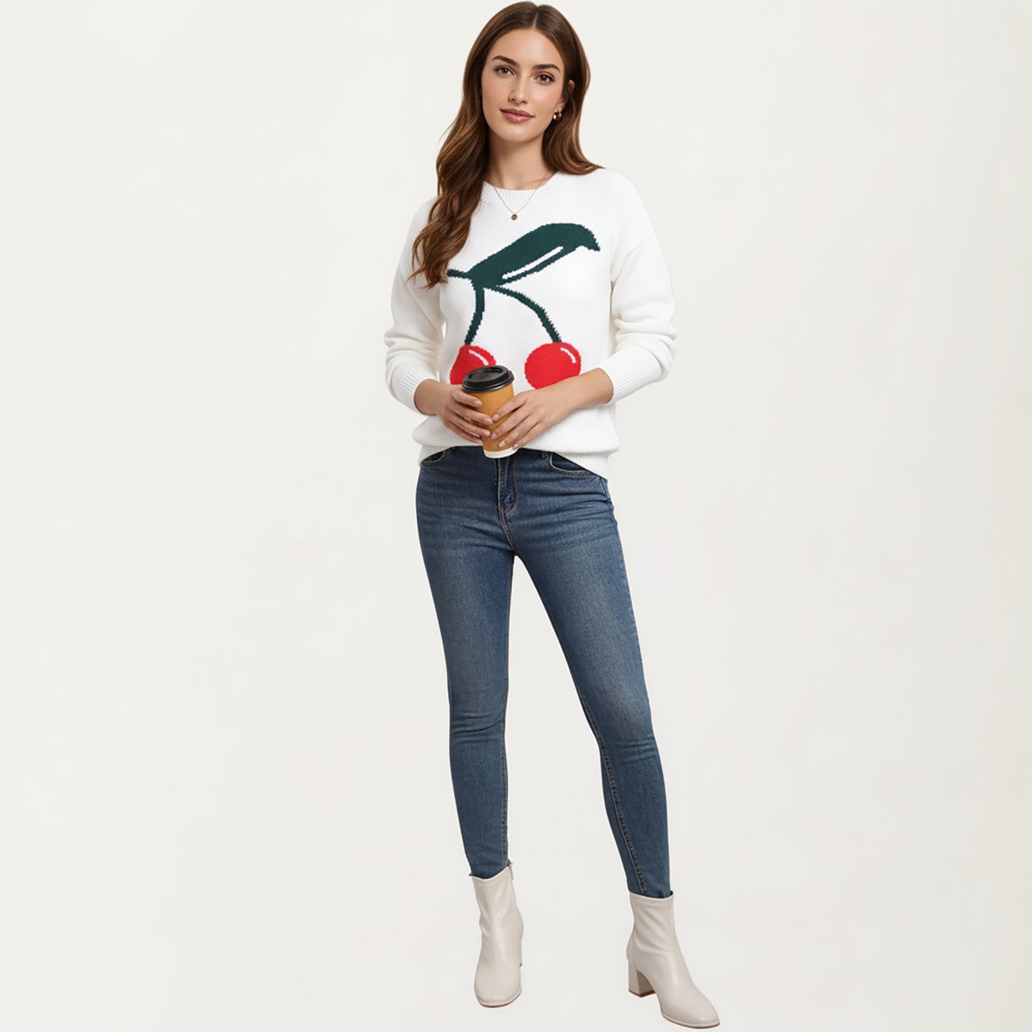 Anna-Kaci Women's Cherry Graphic Fuzzy Knit Sweater with Textured Soft Feel Ribbed Crew Neckline and Relaxed Long Sleeve Fit