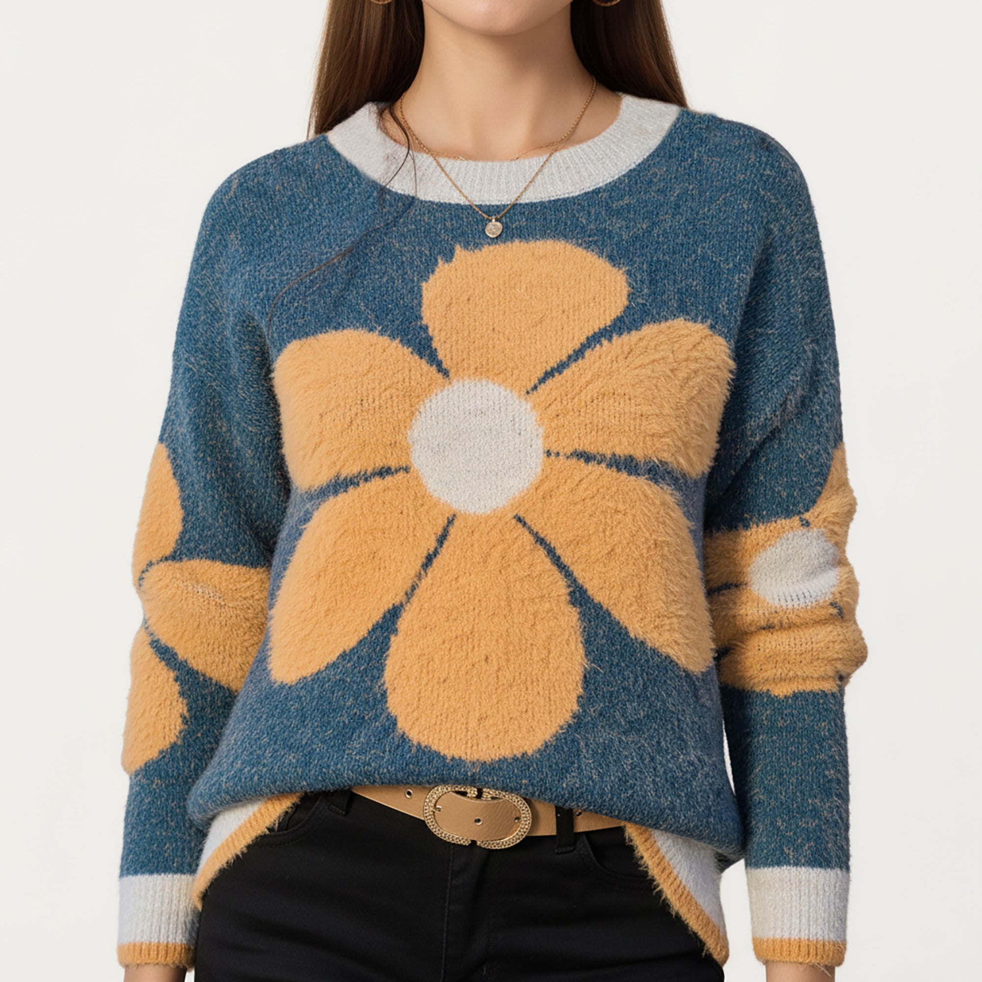 Anna-Kaci Women's Large Floral Graphic Pattern Fuzzy Knit Sweater with Soft Textured Feel Ribbed Crew Neckline and Relaxed Fit