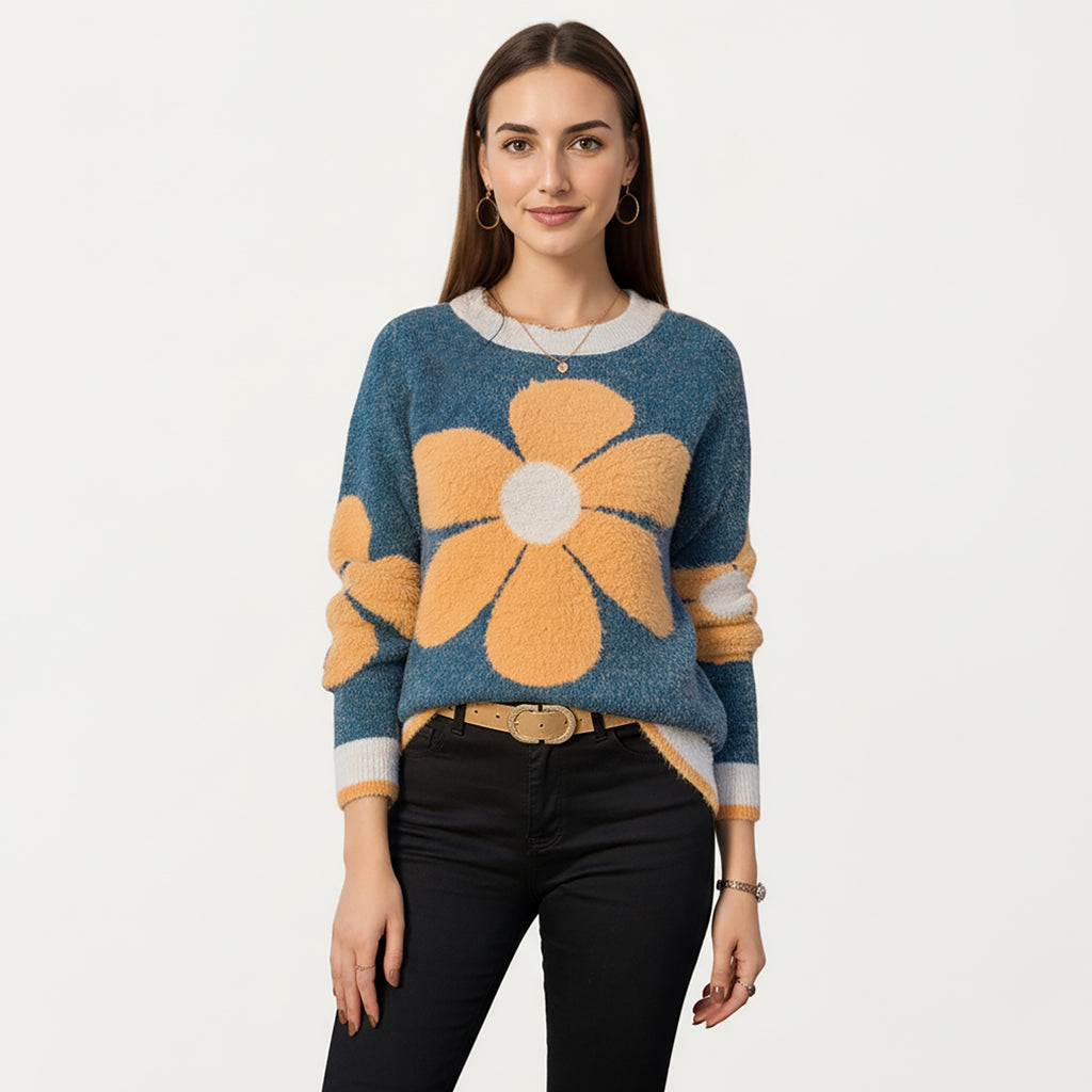 Anna-Kaci Women's Large Floral Graphic Pattern Fuzzy Knit Sweater with Soft Textured Feel Ribbed Crew Neckline and Relaxed Fit