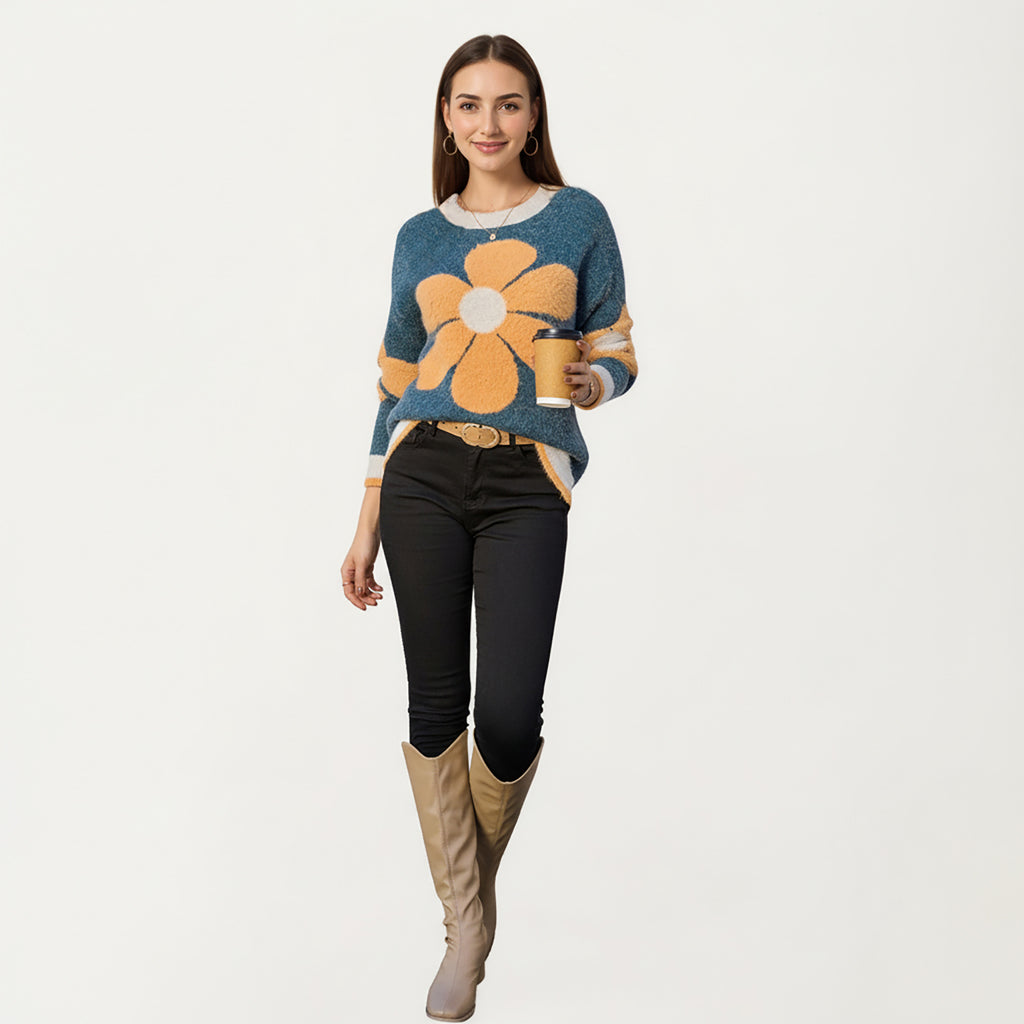 Anna-Kaci Women's Large Floral Graphic Pattern Fuzzy Knit Sweater with Soft Textured Feel Ribbed Crew Neckline and Relaxed Fit