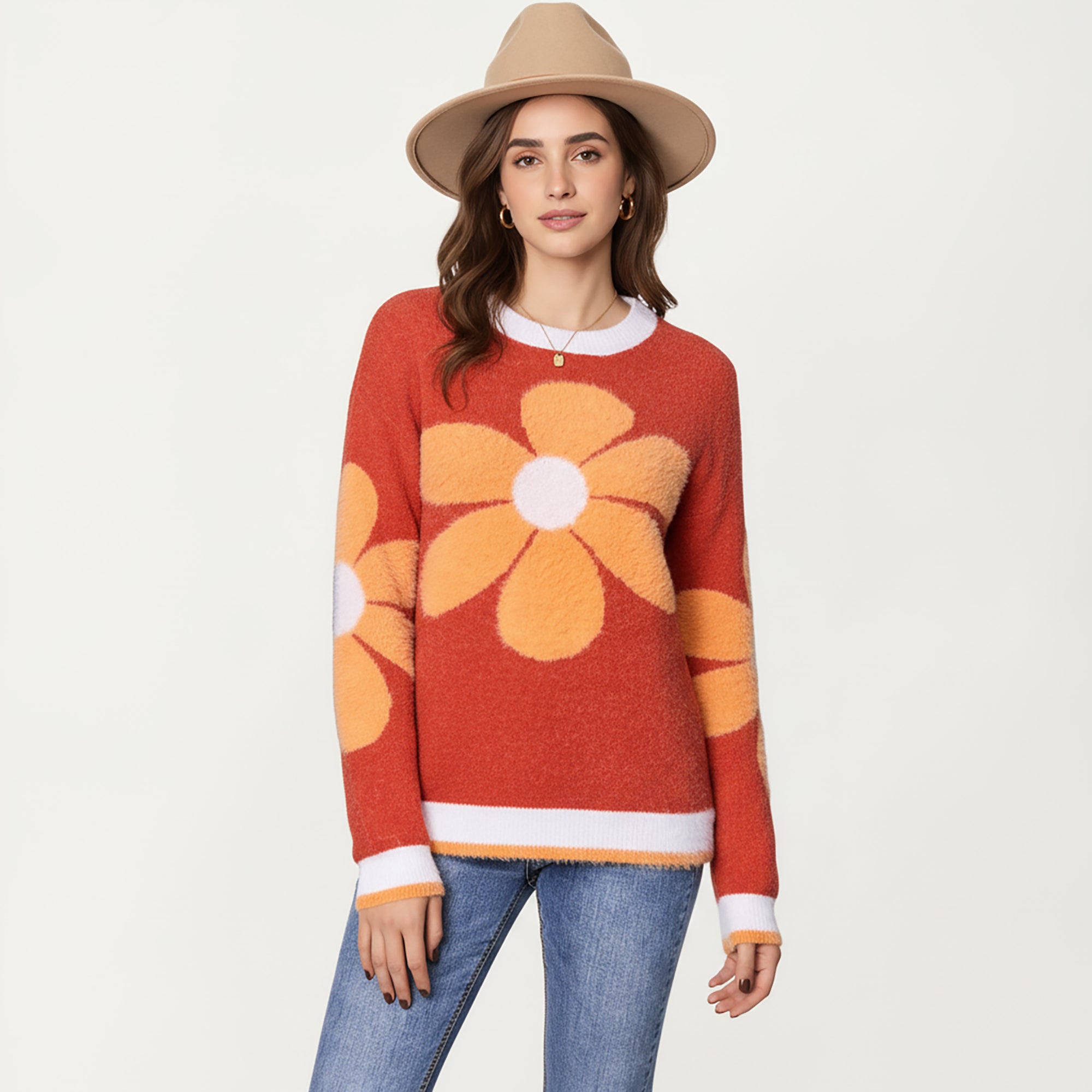 Anna-Kaci Women's Large Floral Graphic Pattern Fuzzy Knit Sweater with Soft Textured Feel Ribbed Crew Neckline and Relaxed Fit