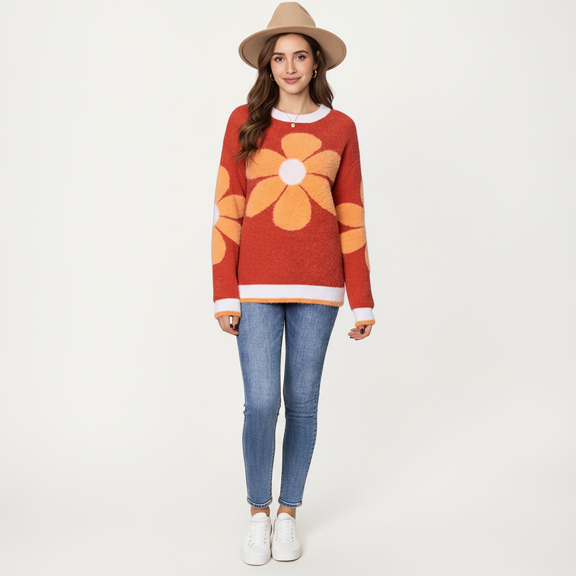 Anna-Kaci Women's Large Floral Graphic Pattern Fuzzy Knit Sweater with Soft Textured Feel Ribbed Crew Neckline and Relaxed Fit