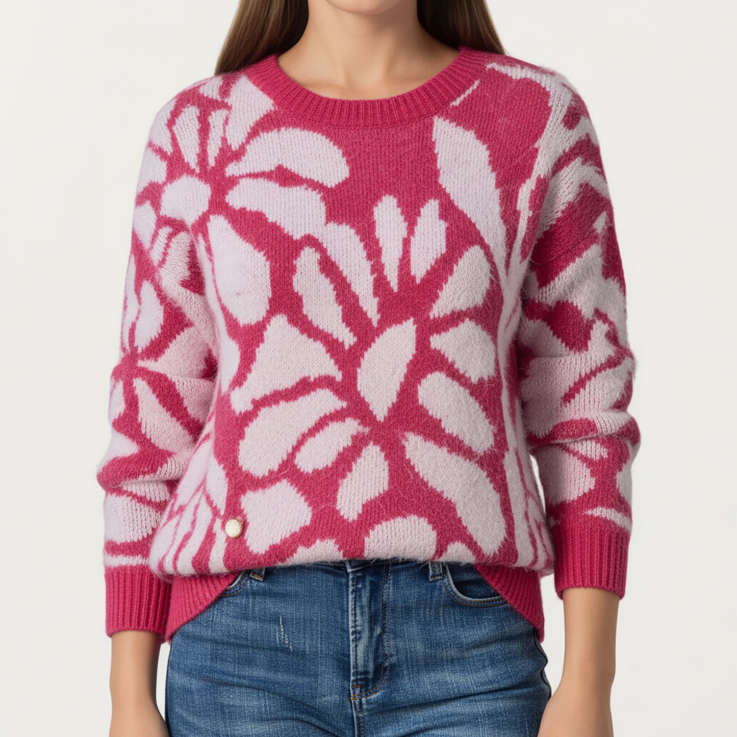 Anna-Kaci Women's Bold Abstract Floral Pattern Knit Sweater with Soft Textured Feel Ribbed Crew Neckline and Relaxed Silhouette