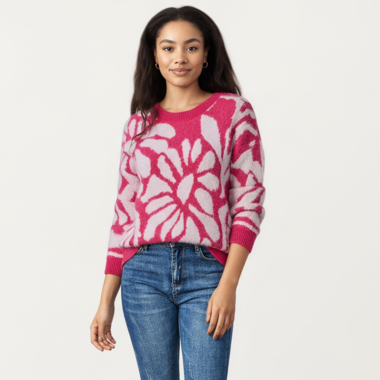 Anna-Kaci Women's Bold Abstract Floral Pattern Knit Sweater with Soft Textured Feel Ribbed Crew Neckline and Relaxed Silhouette