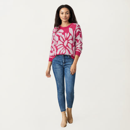 Anna-Kaci Women's Bold Abstract Floral Pattern Knit Sweater with Soft Textured Feel Ribbed Crew Neckline and Relaxed Silhouette