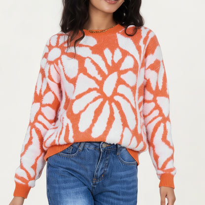 Anna-Kaci Women's Bold Abstract Floral Pattern Knit Sweater with Soft Textured Feel Ribbed Crew Neckline and Relaxed Silhouette