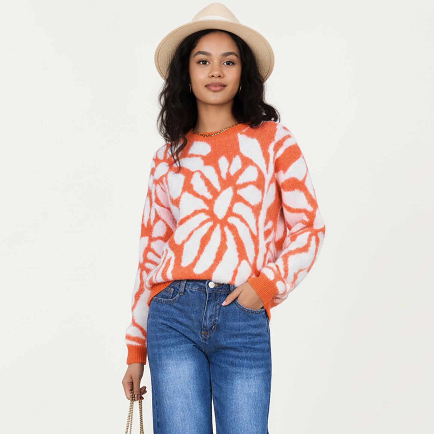 Anna-Kaci Women's Bold Abstract Floral Pattern Knit Sweater with Soft Textured Feel Ribbed Crew Neckline and Relaxed Silhouette