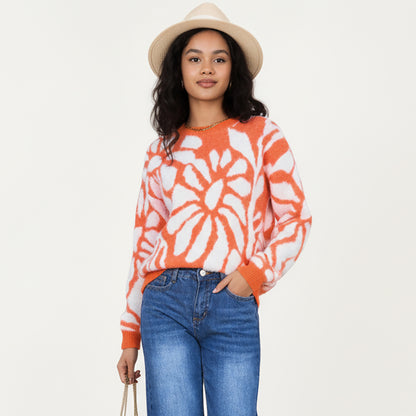 Anna-Kaci Women's Bold Abstract Floral Pattern Knit Sweater with Soft Textured Feel Ribbed Crew Neckline and Relaxed Silhouette