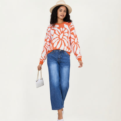 Anna-Kaci Women's Bold Abstract Floral Pattern Knit Sweater with Soft Textured Feel Ribbed Crew Neckline and Relaxed Silhouette