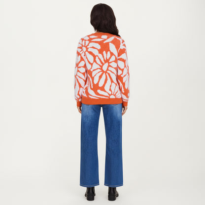 Anna-Kaci Women's Bold Abstract Floral Pattern Knit Sweater with Soft Textured Feel Ribbed Crew Neckline and Relaxed Silhouette