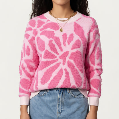 Anna-Kaci Women's Bold Abstract Floral Pattern Knit Sweater with Soft Textured Feel Ribbed Crew Neckline and Relaxed Silhouette