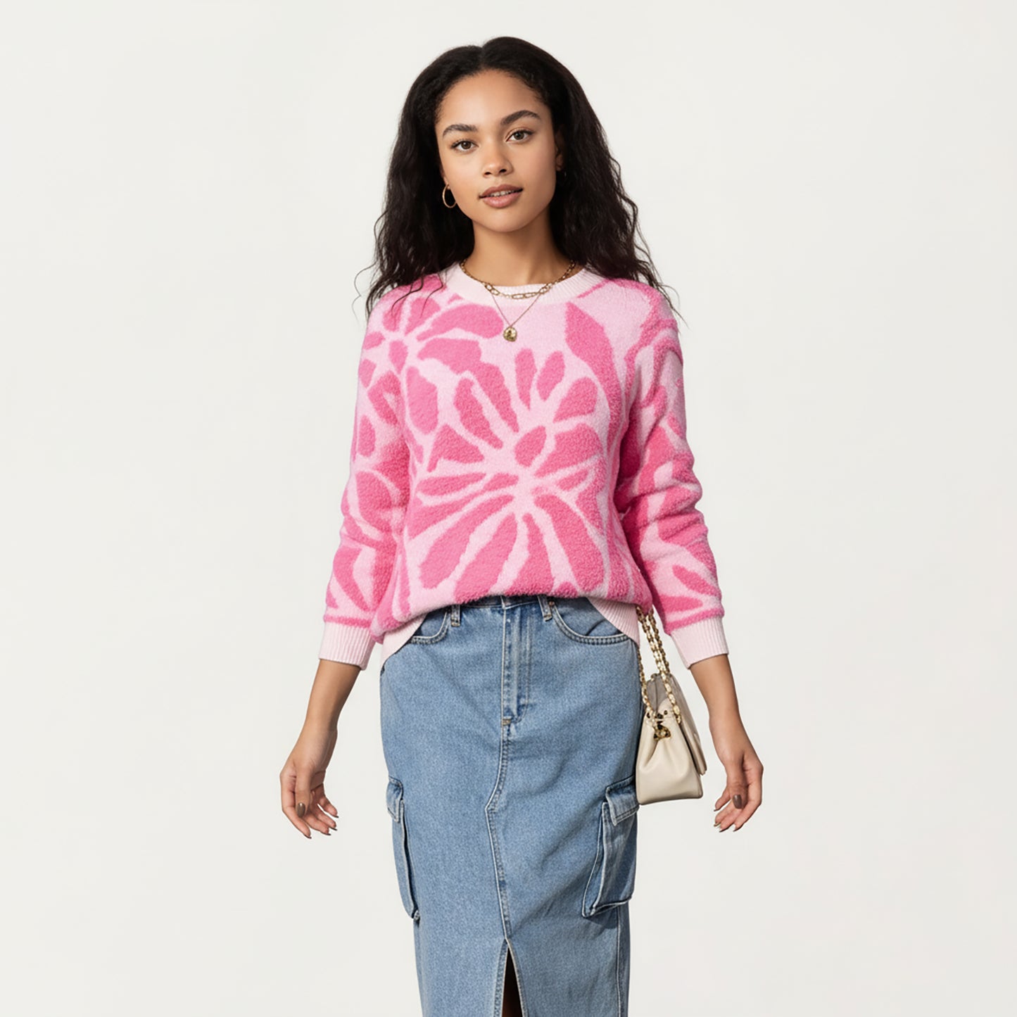 Anna-Kaci Women's Bold Abstract Floral Pattern Knit Sweater with Soft Textured Feel Ribbed Crew Neckline and Relaxed Silhouette