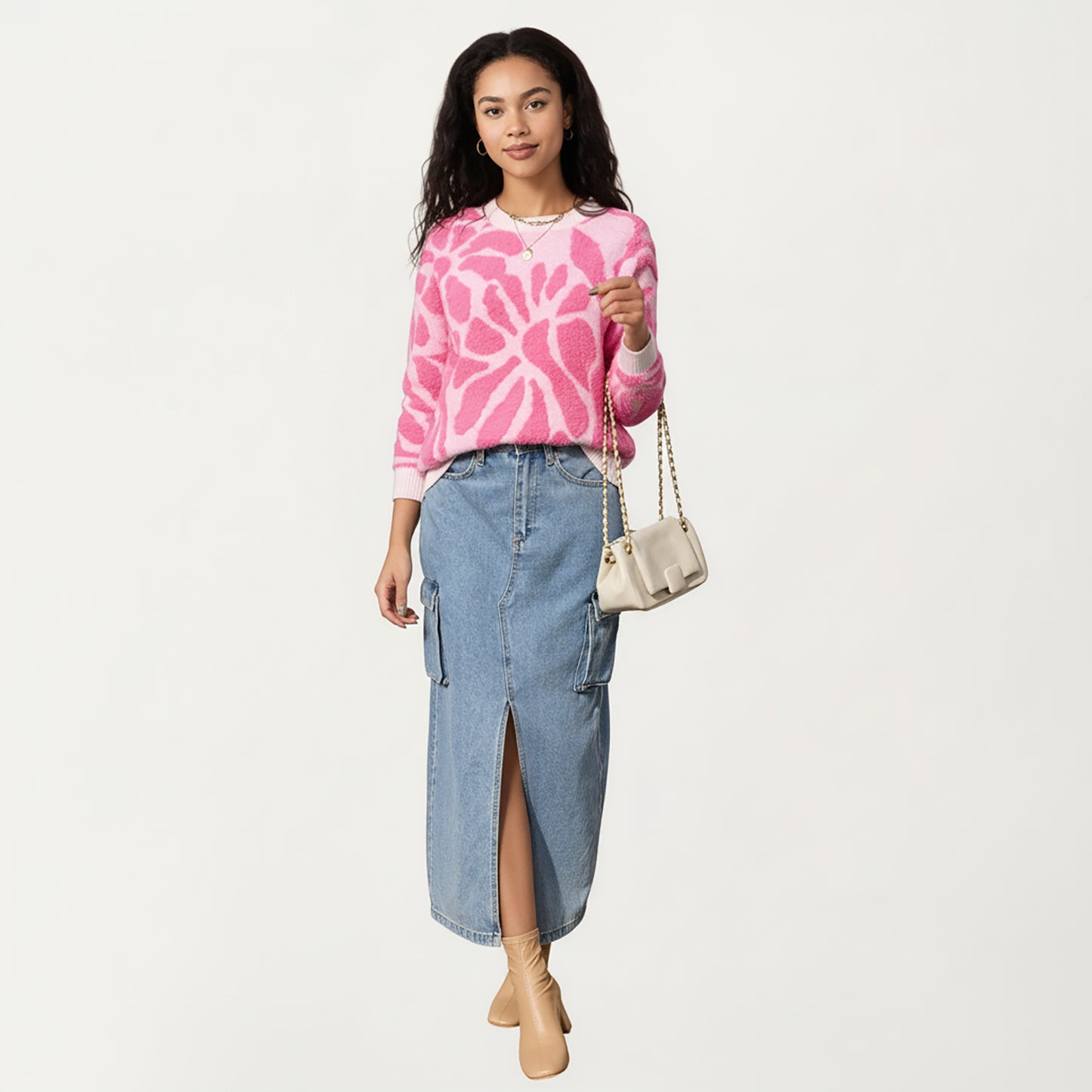 Anna-Kaci Women's Bold Abstract Floral Pattern Knit Sweater with Soft Textured Feel Ribbed Crew Neckline and Relaxed Silhouette