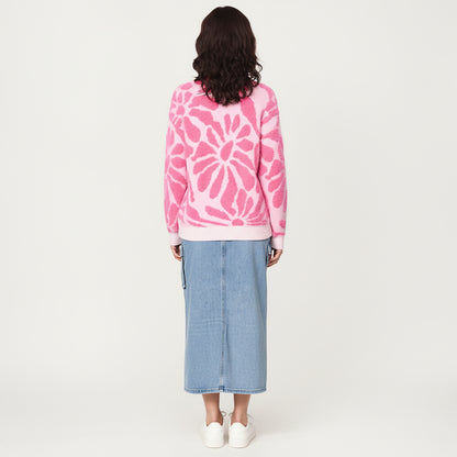 Anna-Kaci Women's Bold Abstract Floral Pattern Knit Sweater with Soft Textured Feel Ribbed Crew Neckline and Relaxed Silhouette