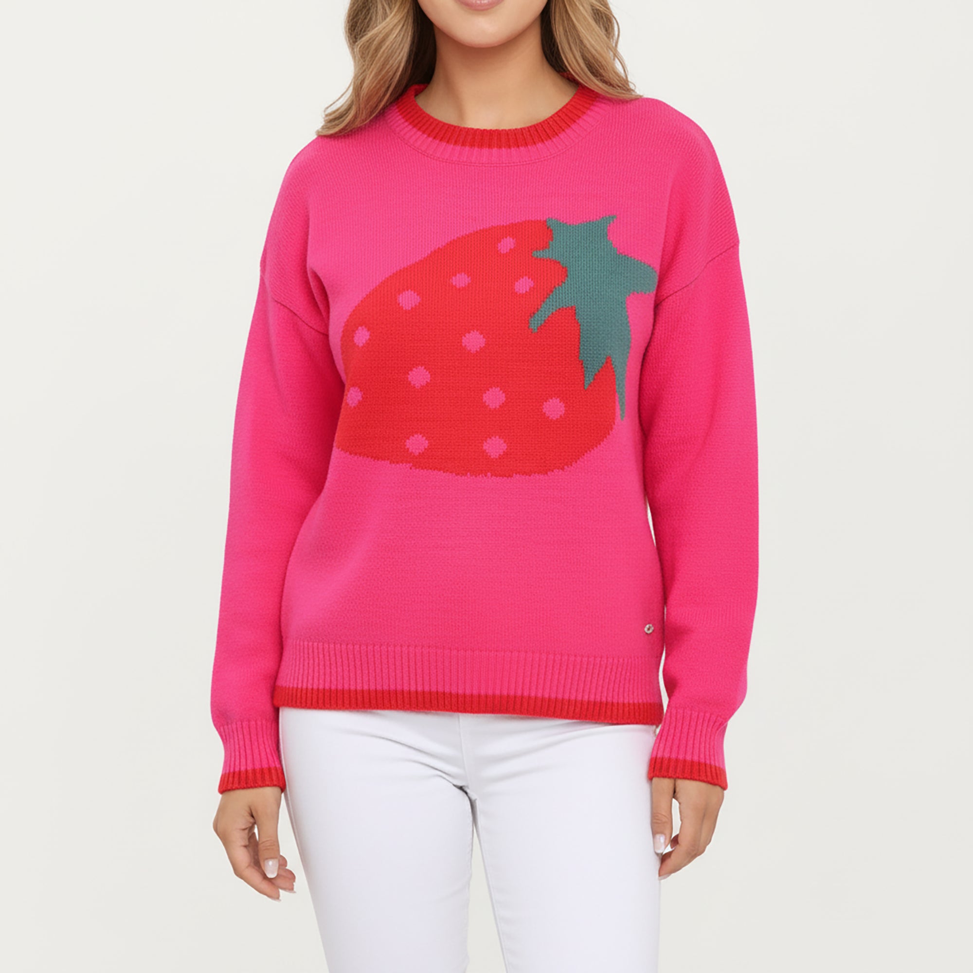 Anna-Kaci Women's Strawberry Graphic Knit Sweater with Cute Fruit Design Ribbed Crew Neckline and Relaxed Long Sleeve Fit