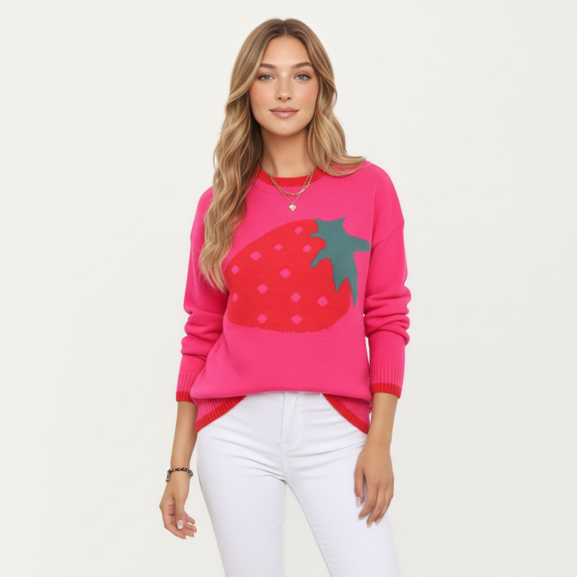 Anna-Kaci Women's Strawberry Graphic Knit Sweater with Cute Fruit Design Ribbed Crew Neckline and Relaxed Long Sleeve Fit