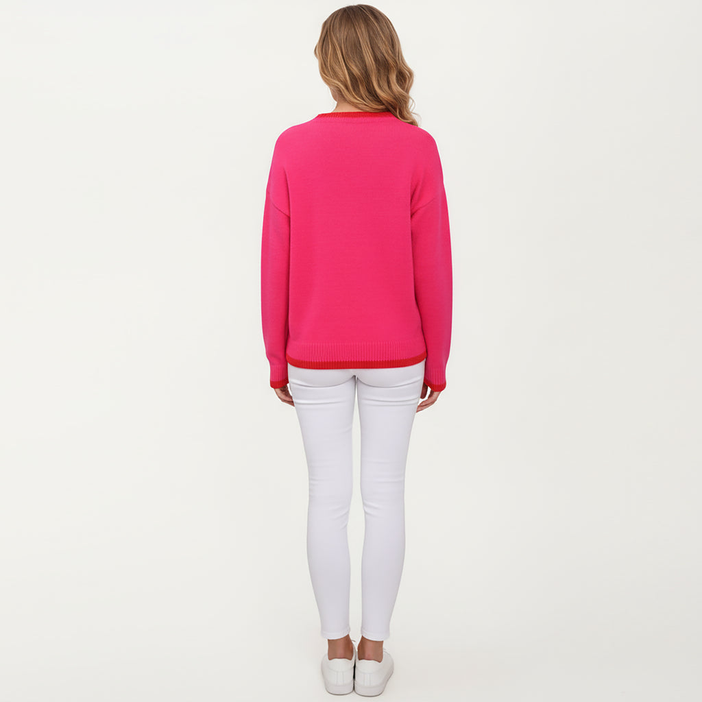 Anna-Kaci Women's Strawberry Graphic Knit Sweater with Cute Fruit Design Ribbed Crew Neckline and Relaxed Long Sleeve Fit