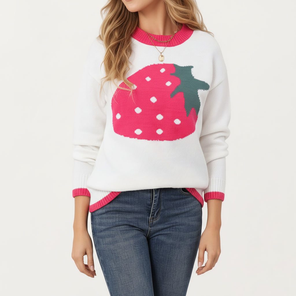 Anna-Kaci Women's Strawberry Graphic Knit Sweater with Cute Fruit Design Ribbed Crew Neckline and Relaxed Long Sleeve Fit