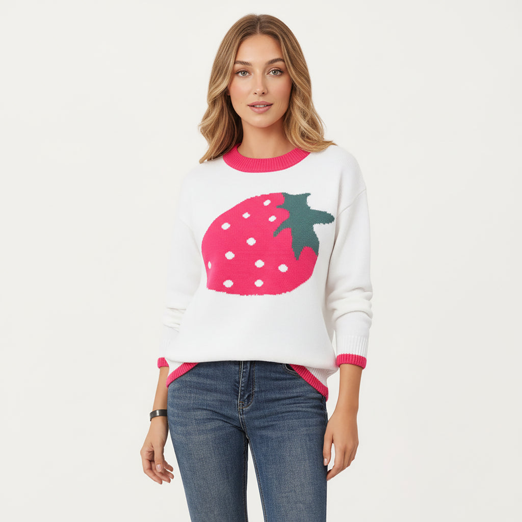 Anna-Kaci Women's Strawberry Graphic Knit Sweater with Cute Fruit Design Ribbed Crew Neckline and Relaxed Long Sleeve Fit