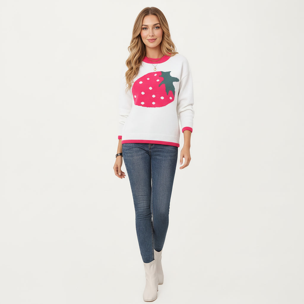 Anna-Kaci Women's Strawberry Graphic Knit Sweater with Cute Fruit Design Ribbed Crew Neckline and Relaxed Long Sleeve Fit