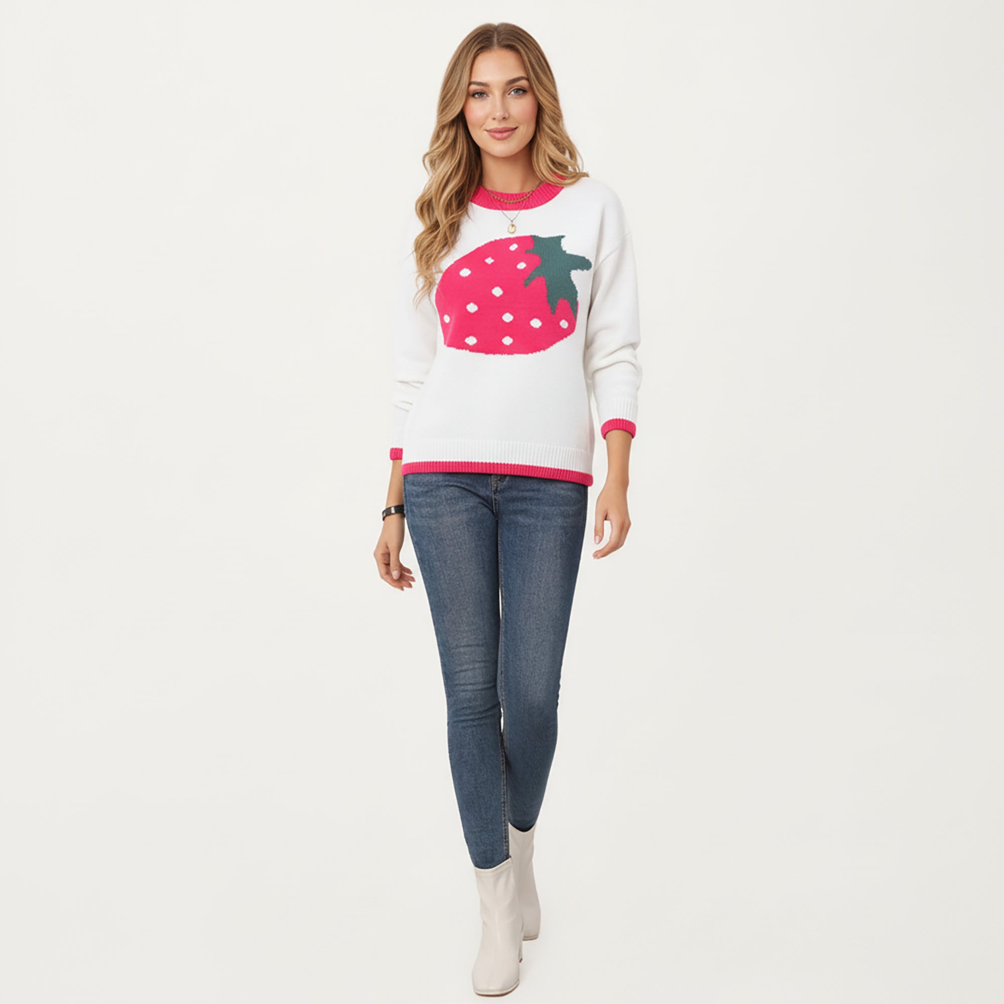 Anna-Kaci Women's Strawberry Graphic Knit Sweater with Cute Fruit Design Ribbed Crew Neckline and Relaxed Long Sleeve Fit