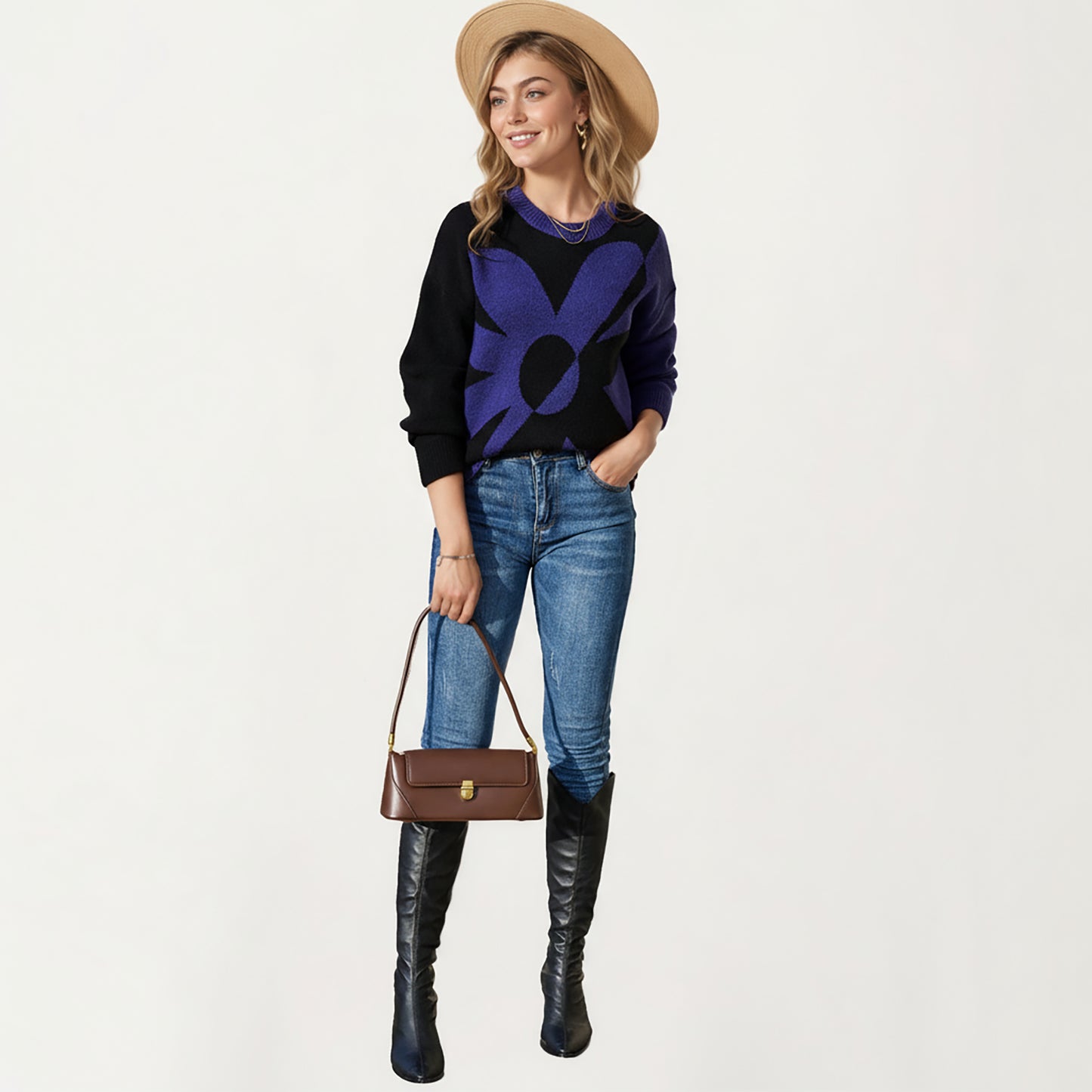 Anna-Kaci Women's Bold Graphic Floral Pattern Knit Sweater with Soft Crew Neckline and Relaxed Long Sleeve Pullover Fit