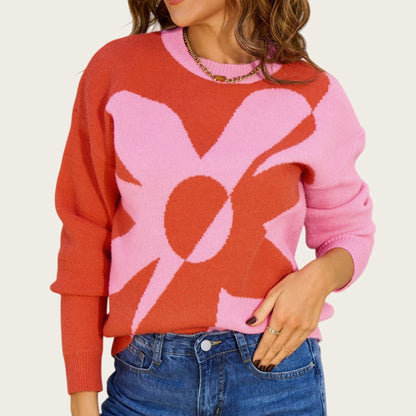 Anna-Kaci Women's Bold Graphic Floral Pattern Knit Sweater with Soft Crew Neckline and Relaxed Long Sleeve Pullover Fit