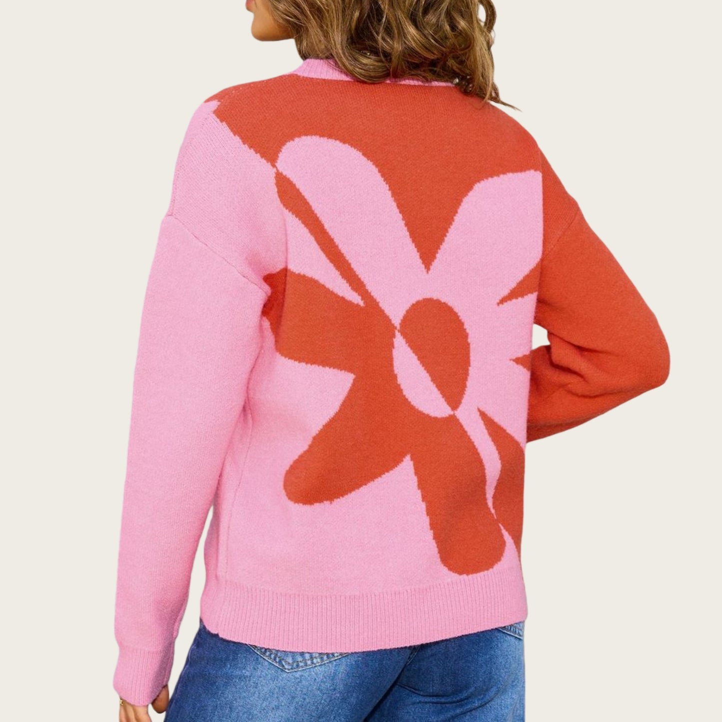 Anna-Kaci Women's Bold Graphic Floral Pattern Knit Sweater with Soft Crew Neckline and Relaxed Long Sleeve Pullover Fit